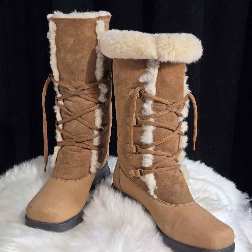 Riverland Tan Suede Lace-Up Thick Sheepskin Linned Winter Boots
